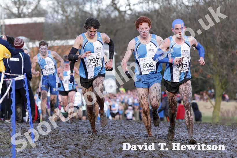 797 Alex Dunbar, 808 Toby Liveridge winner and Jason Prickett during the B Race 2013 BUCS Cross Country Championships.